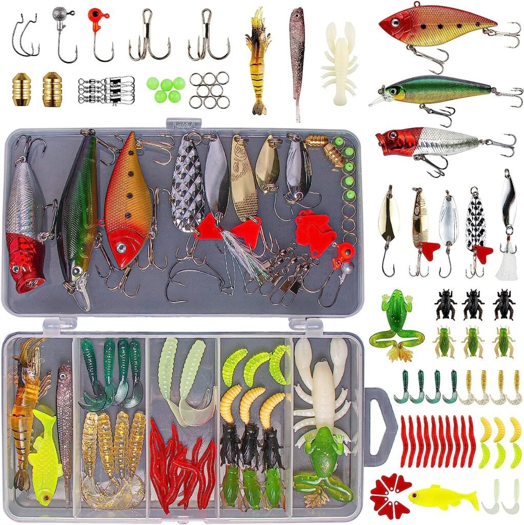 GOANDO Angelköder-Set für Süßwasserköder, Tackle-Set für Barsch, Forelle, Lachs, Angelzubehör, Tackle-Box, einschließlich Löffelköder, weiche Kunststoffwürmer, Kurbelköder, Jigs, Angelhaken