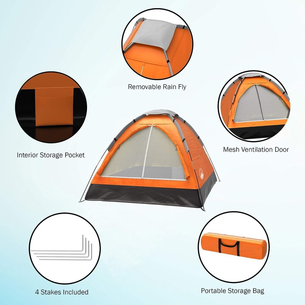 Tente de camping pour 2 personnes – Comprend un toit anti-pluie et un sac de transport – Tente d'extérieur légère et compacte pour la randonnée, la randonnée ou la plage par Wakeman (Orange)