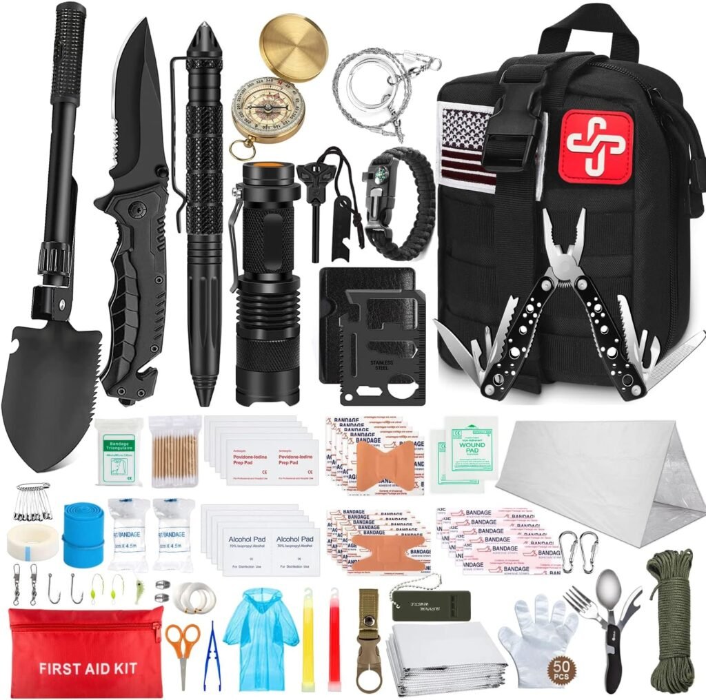 Kit de sobrevivência de emergência de 238 unidades e kit de primeiros socorros, ferramenta de equipamento de sobrevivência profissional com bolsa molle tática e barraca de emergência para terremoto, aventura ao ar livre, acampamento, caminhada, caça