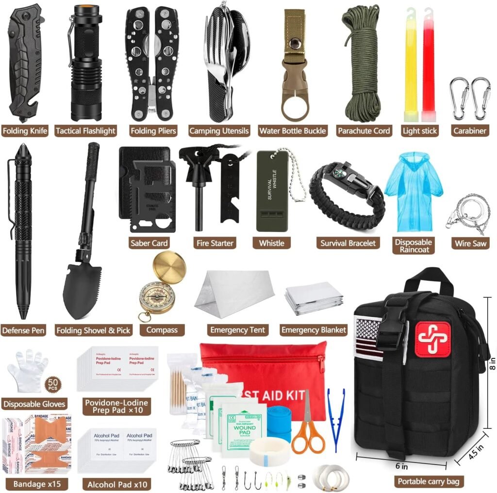 Kit de supervivencia de emergencia de 238 piezas y botiquín de primeros auxilios, herramienta de equipo de supervivencia profesional con bolsa táctica Molle y tienda de campaña de emergencia para terremotos, aventuras al aire libre, camping, senderismo, caza