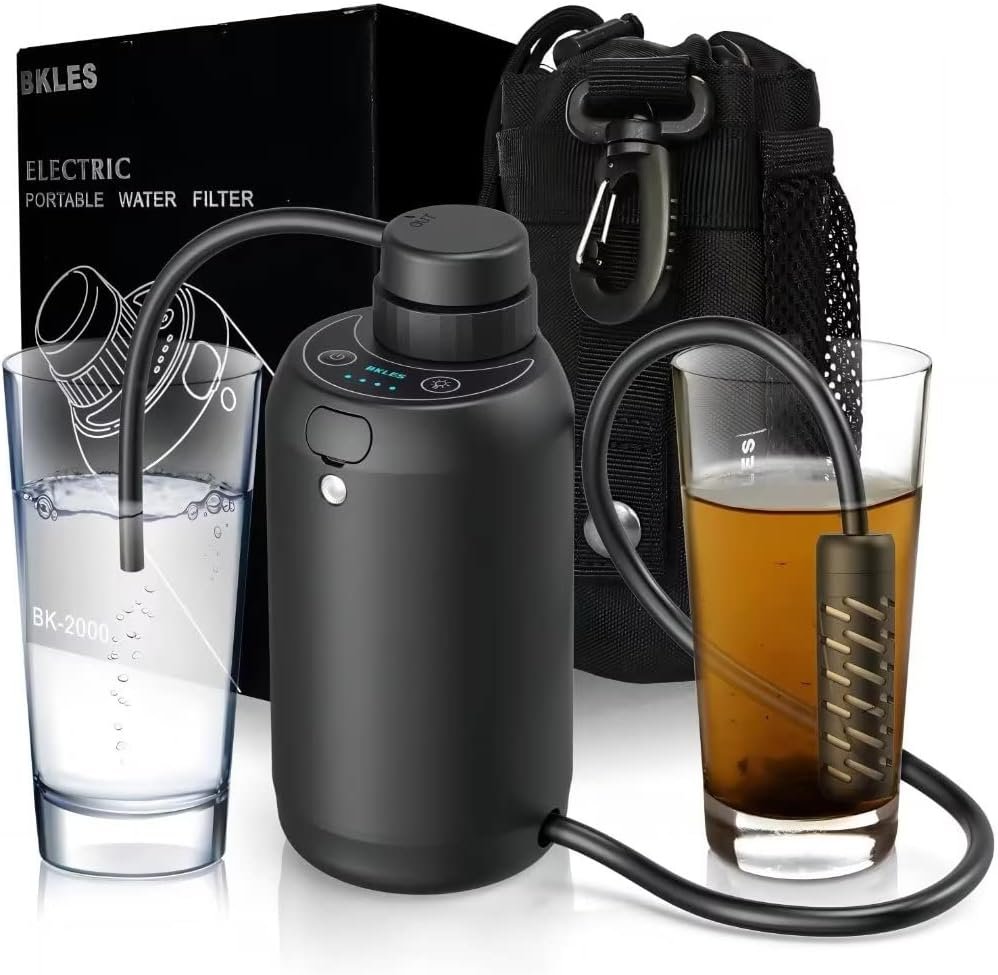 Filtro de água portátil elétrico BKLES - Purificador de água de 5 estágios de 0,01 mícron Sobrevivência com iluminação de emergência Sistema de purificação de água para acampamento, mochila, caminhada, viagem - BK-2000