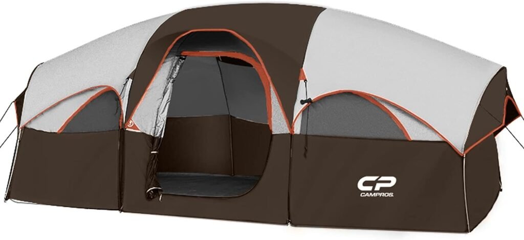 Tenda CAMPROS CP Tendas de acampamento para 8 pessoas, barraca familiar resistente às intempéries de 2 ambientes com Rainfly superior, 5 janelas grandes de malha, camada dupla, fácil configuração, portátil com bolsa de transporte