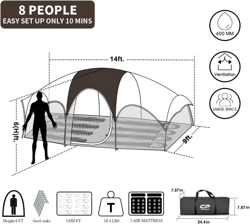 CAMPROS CP Tent Tende da campeggio per 8 persone, tenda familiare da 2 stanze resistente alle intemperie con tetto antipioggia, 5 grandi finestre in rete, doppio strato, facile installazione, portatile con borsa per il trasporto