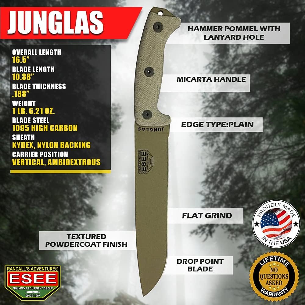 ESEE Authentic JUNGLAS-DE-E Survival Knife, Kydex Sheath, MOLLE Backing