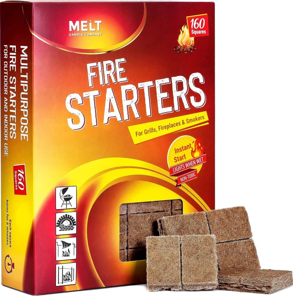 Fire Starter Squares 160 – Pack allume-feu pour cheminée, barbecue, cheminée, feu de camp, barbecue – Résistant à l'eau et sans odeur – Accessoires de camping