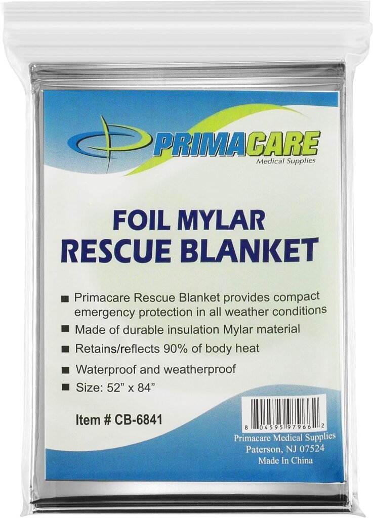 Primacare HB-10 Emergency Foil Mylar Thermal Blanket (Pack of 10), 52 Length x 84 Width, Silver