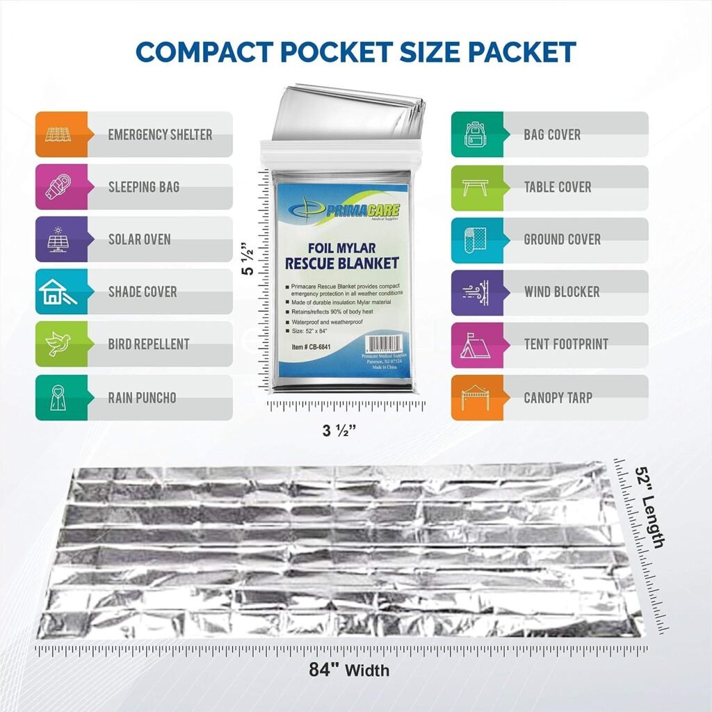 Primacare HB-10 Notfall-Folien-Mylar-Thermodecke (10 Stück), 52 Länge x 84 Breite, Silber