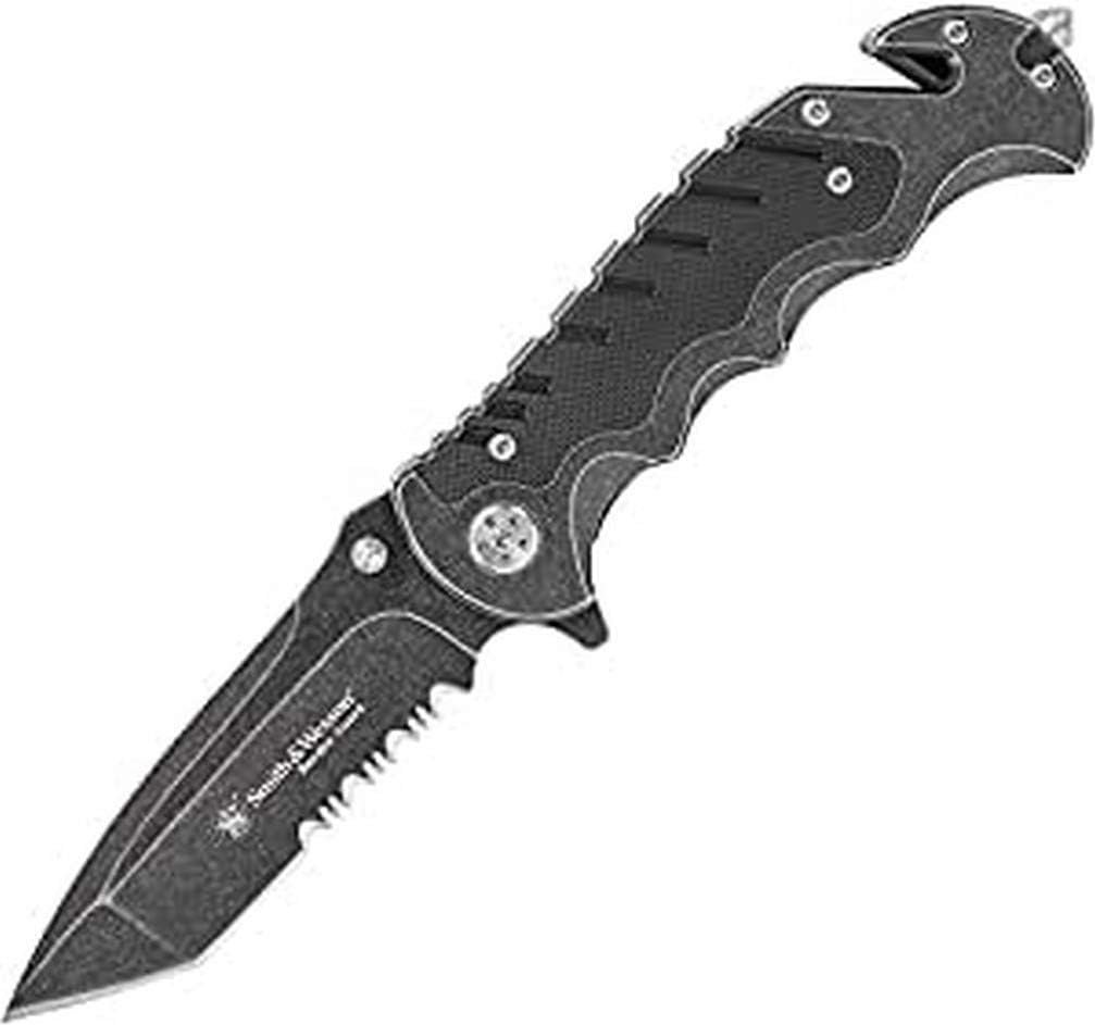 Smith  Wesson Border Guard SWBG10S 8.3in High Carbon S.S. Folding Knife with 3.5in Serrated Tanto Blade and Aluminum Handle for Outdoor, Tactical, Survival and EDC ,Black