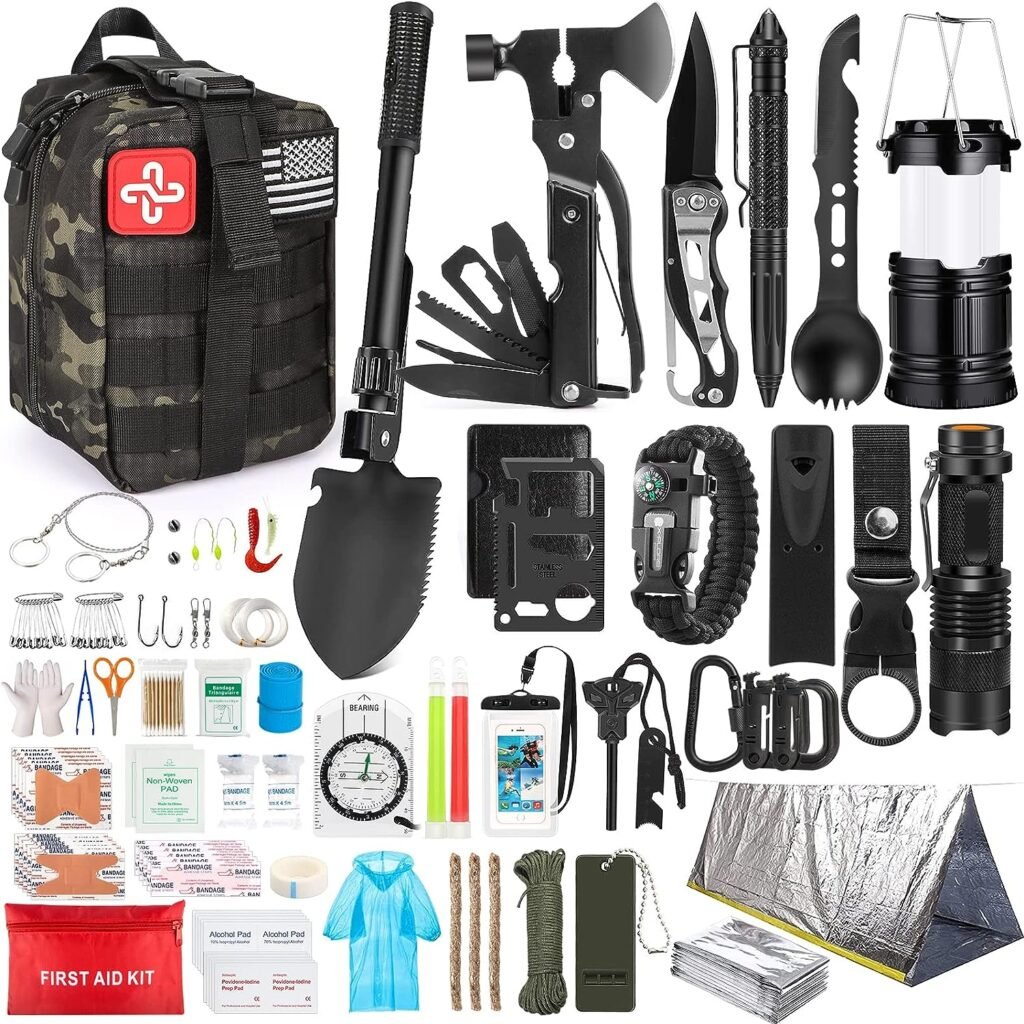 Kit de survie, 250 pièces, kit de premiers secours avec sac compatible avec le système Molle et tente d'urgence, kit d'urgence pour tremblement de terre, aventure en plein air, randonnée, chasse, cadeaux pour hommes et femmes