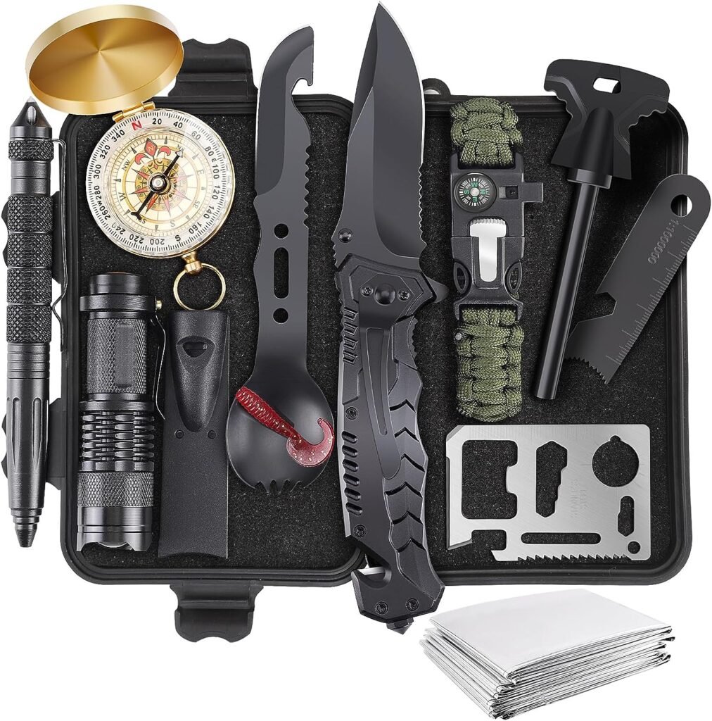 Survival Kits, Gifts for Men Dad Husband Him, 13 in 1 Survival Gear and Equipment Tactical Tools for Camping Hiking Hunting Outdoor Adventure, Cool Birthday Ideas