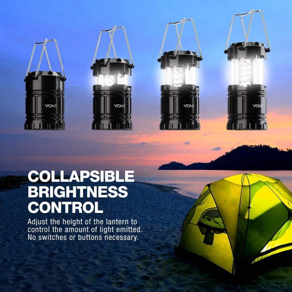 Lanterna de acampamento LED Vont, lanternas LED, kits de sobrevivência adequados para furacões, luz de emergência para tempestades, interrupções, lanternas portáteis ao ar livre, pretas, dobráveis, (pilhas incluídas)
