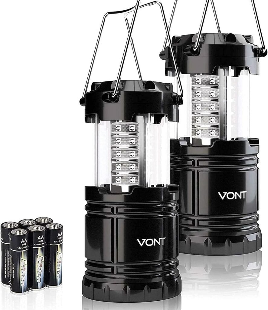 Lanterna de acampamento LED Vont, lanternas LED, kits de sobrevivência adequados para furacões, luz de emergência para tempestades, interrupções, lanternas portáteis ao ar livre, pretas, dobráveis, (pilhas incluídas)