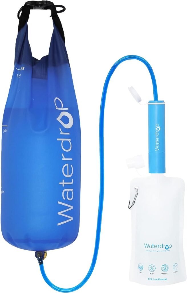 Waterdrop Filtro de agua por gravedad, sistema de filtración de agua para camping, purificador de agua de supervivencia para viajes, mochileros y preparación para emergencias, bolsa de 1,5 gal, 0,1 micras, filtración de 5 etapas, azul