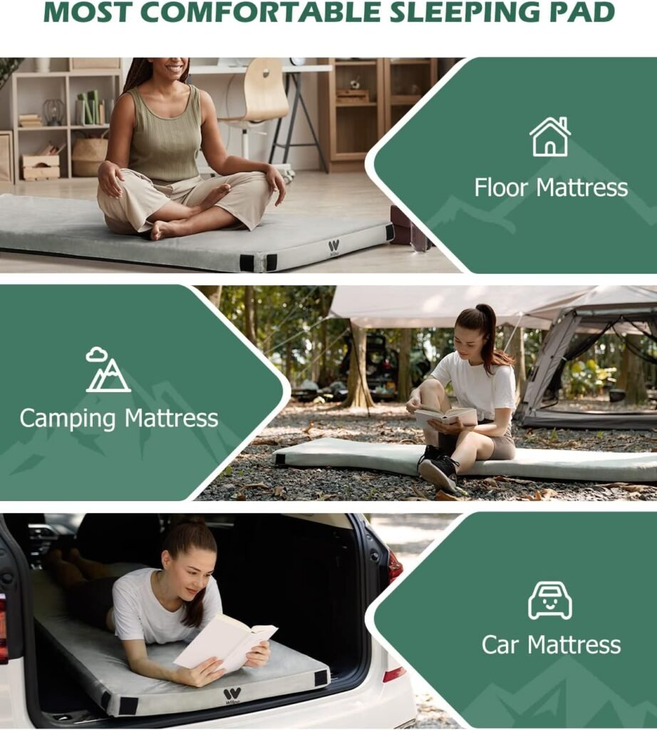 Willpo CertiPUR-US Matelas de camping en mousse à mémoire de forme, matelas de couchage portable, lit d'invité léger, matelas de tente d'extérieur, housse imperméable amovible, sac de voyage