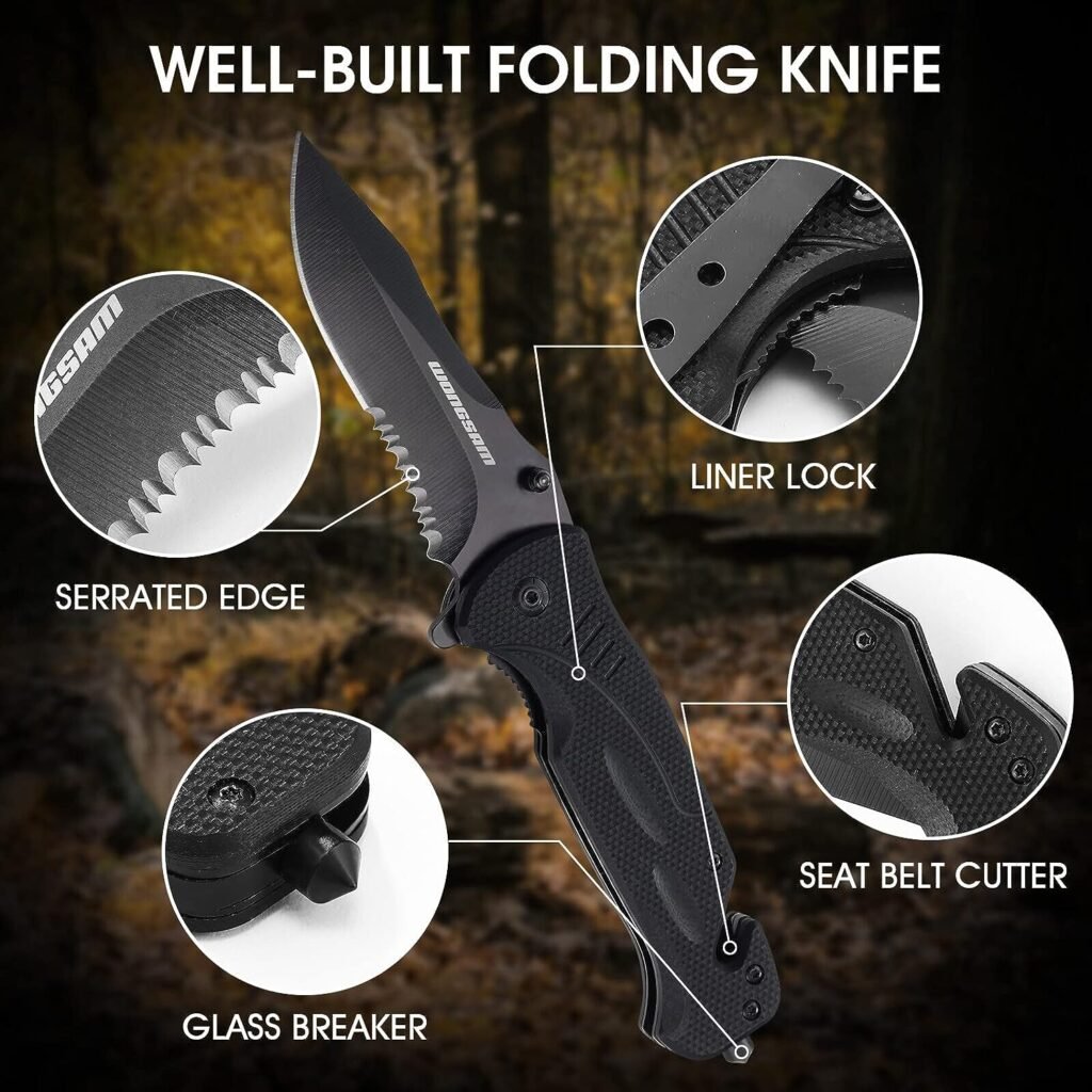 WONGSAM Pocket Knife for Men, Folding Knife with Glass Breaker, Seatbelt Cutter and Belt Clip, Black Survival Knife for Camping, Hiking, Fishing, Survival, Knives for Men